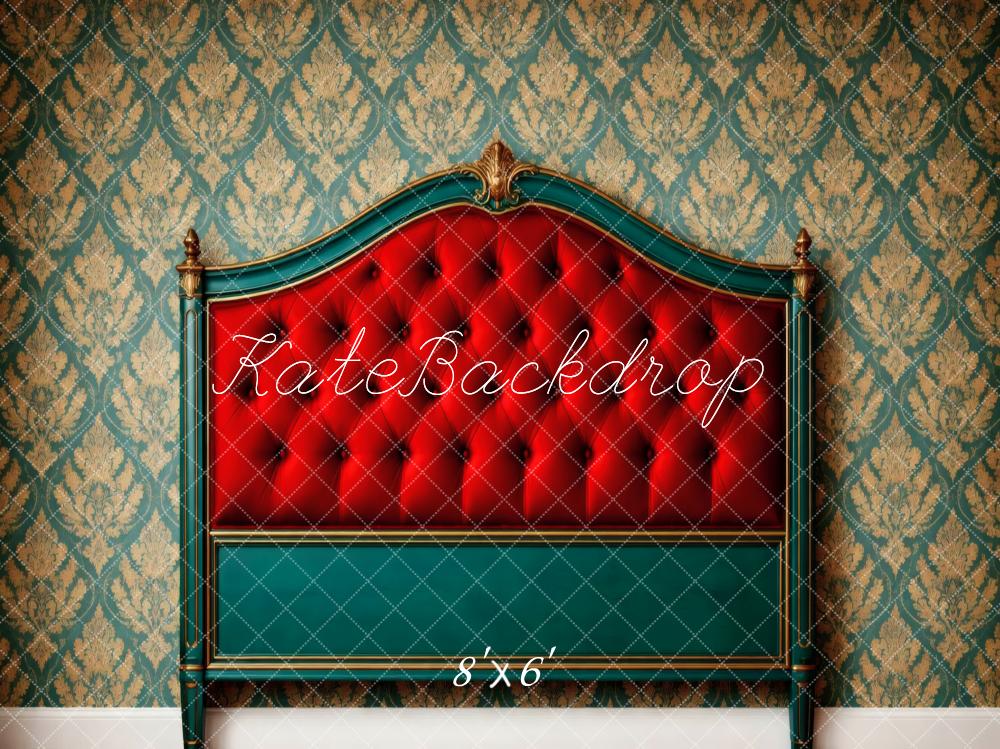 Kate Boudoir Red Headboard Gold Damask Vintage Wall Printed Backdrop Designed by Vertigo Productions
