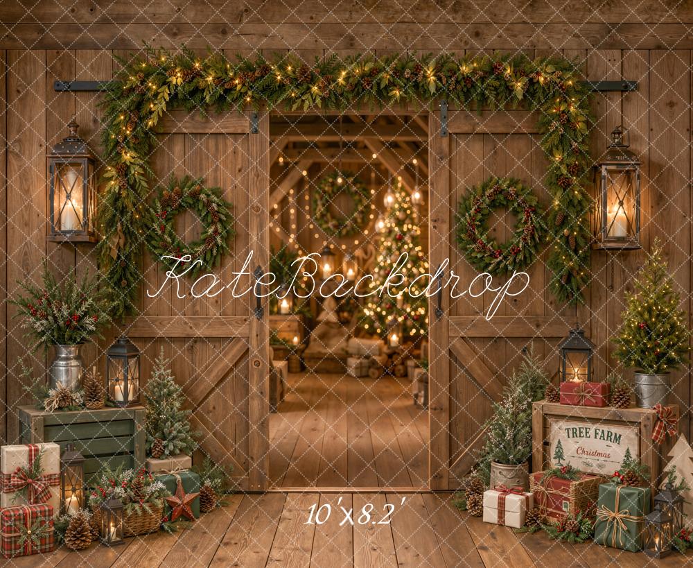 Kate Christmas Rustic Barn Door Garland Wreath Trees Printed Backdrop Designed by Emetselch