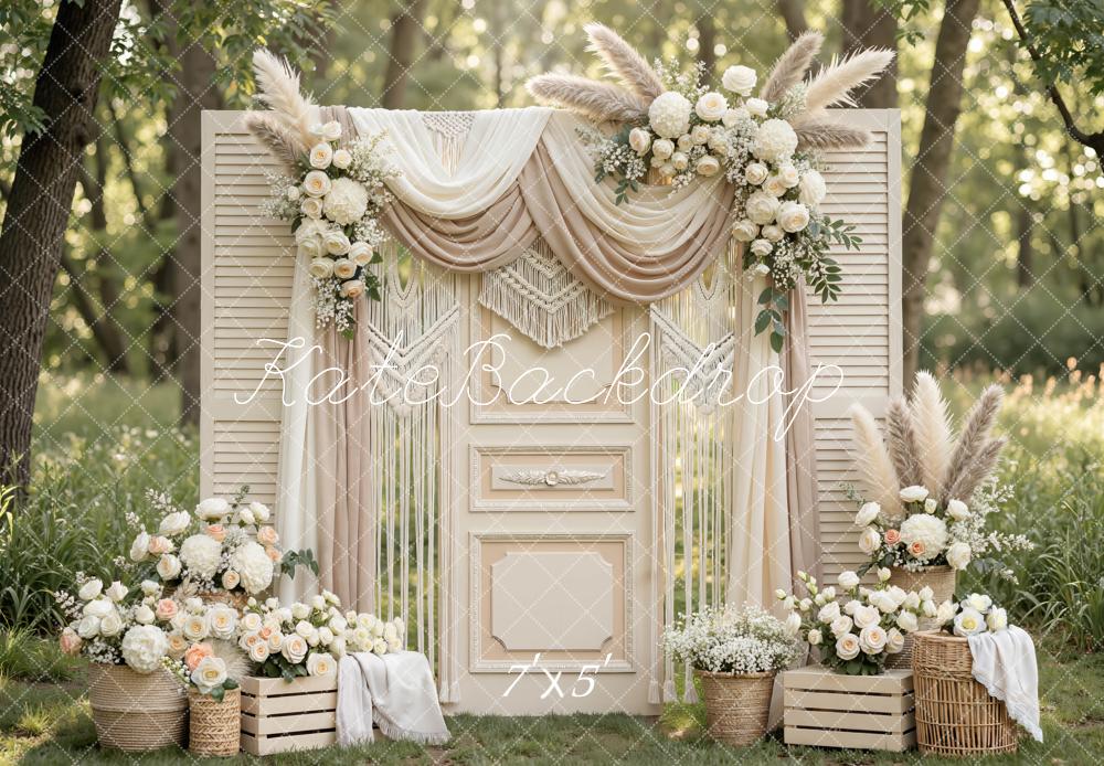 Kate Boho Flower Arch Beige Shutter Door Backdrop Designed by Mini MakeBelieve