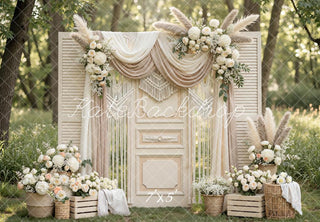 Kate Boho Flower Arch Beige Shutter Door Printed Backdrop Designed by Mini MakeBelieve