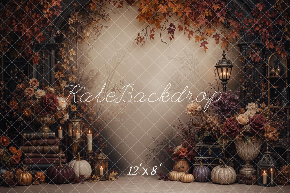 Kate Fall Vintage Floral Pumpkin Lantern Arch Books Leaves Printed Backdrop Designed by Jordan Moon