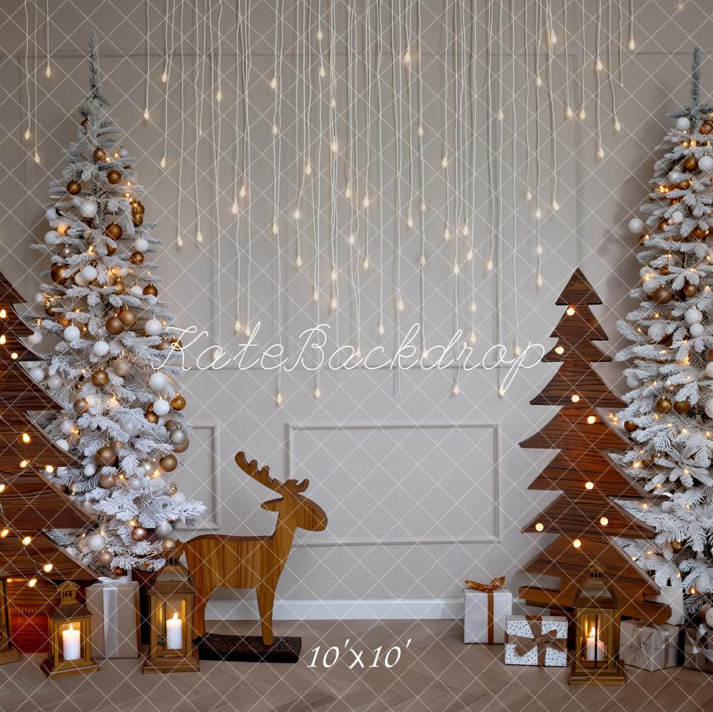 Kate Christmas Trees Wooden Reindeer Lanterns Printed Backdrop Designed by Fantasyphotoart