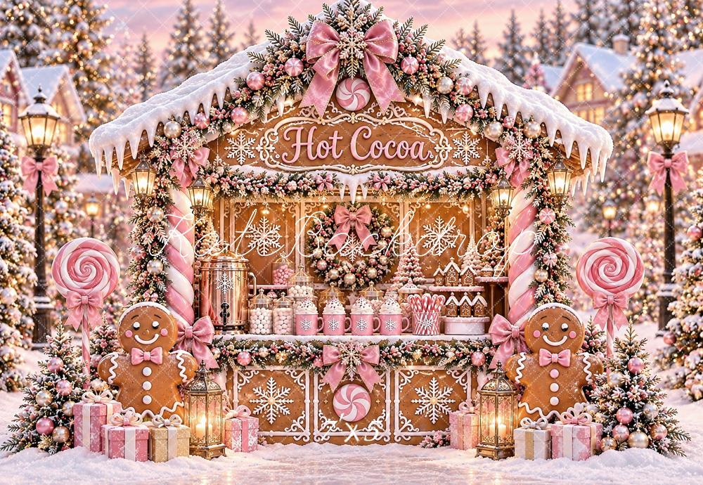 Kate Christmas Pink Gingerbread Hot Cocoa Stand Snowy Printed Backdrop Designed by Ashley Paul