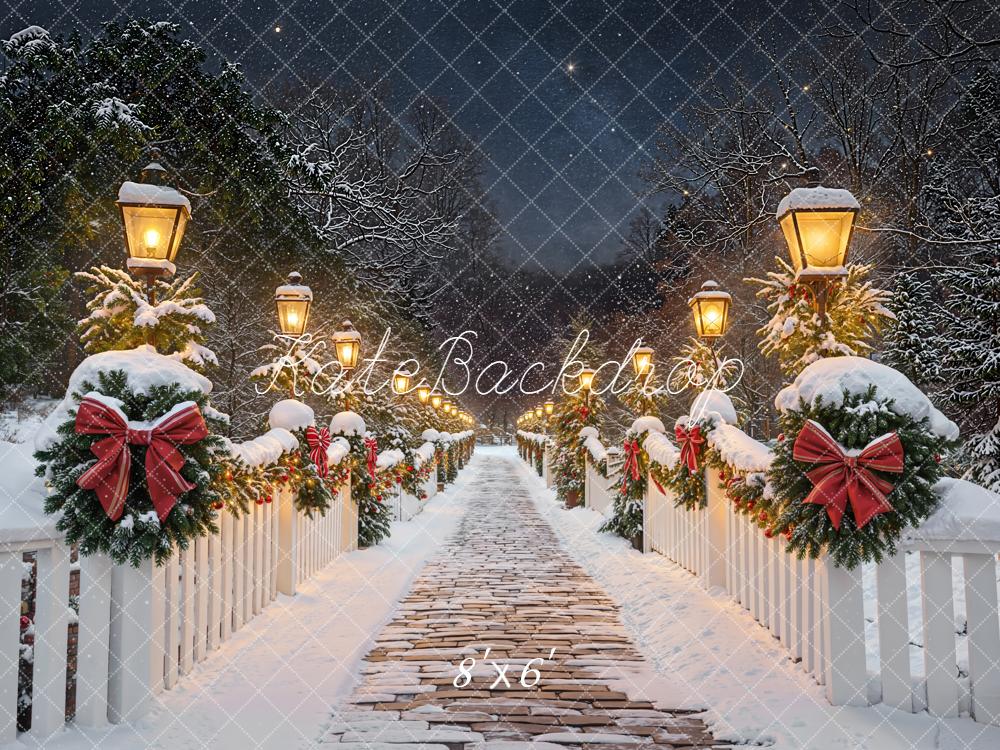 Kate Christmas Winter Path Snowy Bridge Garland Lanterns Backdrop Designed by Emetselch