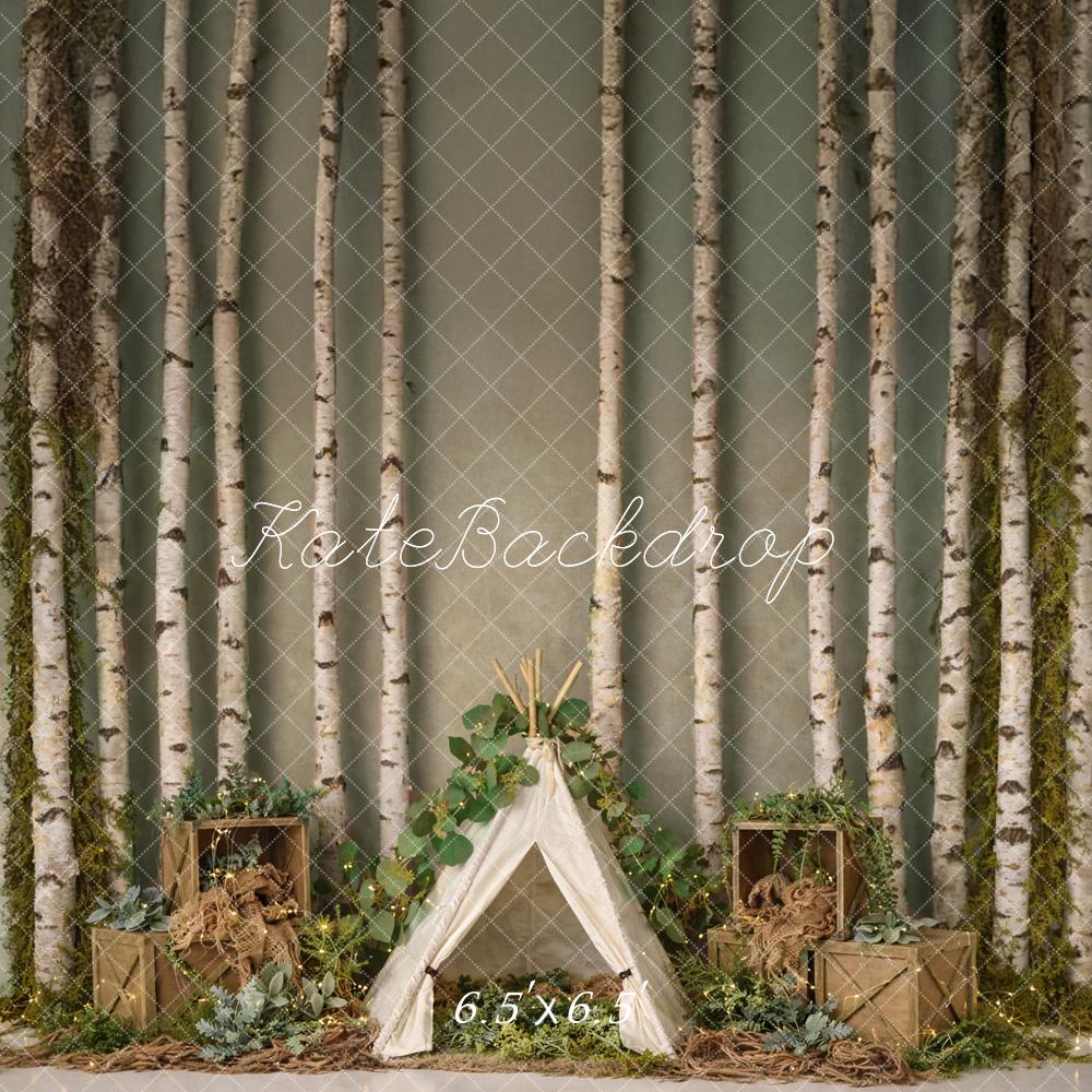 Kate Camping Forest Birch Trees Crates Teepee Printed Backdrop Designed by Mandy Ringe Photography
