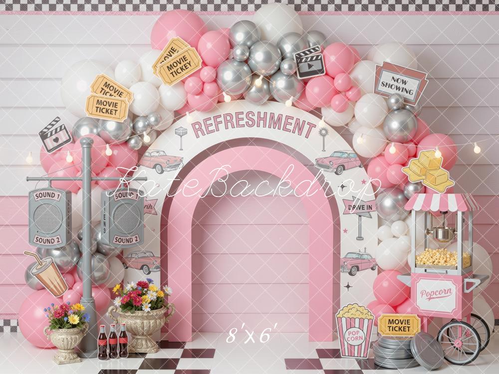 Kate Cake Smash Drive In Movie Refreshment Arch Balloons Popcorn Cart Printed Backdrop Designed by Mini MakeBelieve