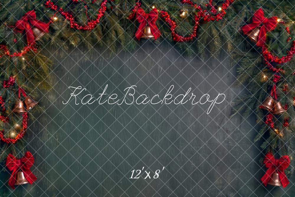Kate Christmas Evergreen Garland Red Bows Bells Printed Backdrop Designed by Angela Miller