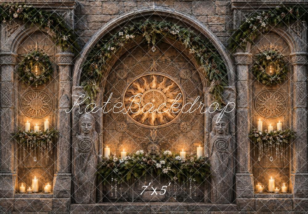 Kate Nordic Stone Sanctuary Stone Arch Sun Carving Candles Garland Printed Backdrop Designed by Vertigo Productions