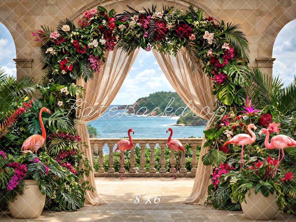 Kate Tropical Flower Arch Flamingos Ocean View Printed Backdrop Designed by Mini MakeBelieve