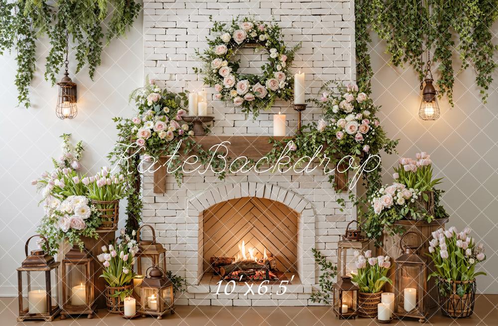 Kate White Brick Fireplace Floral Lanterns Backdrop Designed by Emetselch