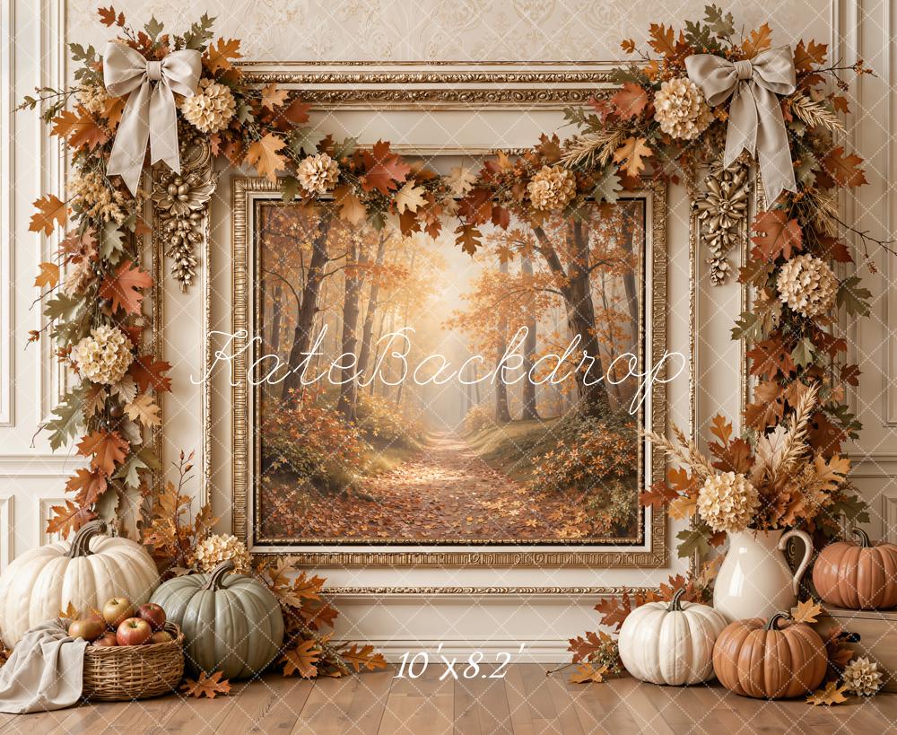 Kate Fall Vintage Framed Wall Pumpkin Garland Forest Printed Backdrop Designed by Emetselch