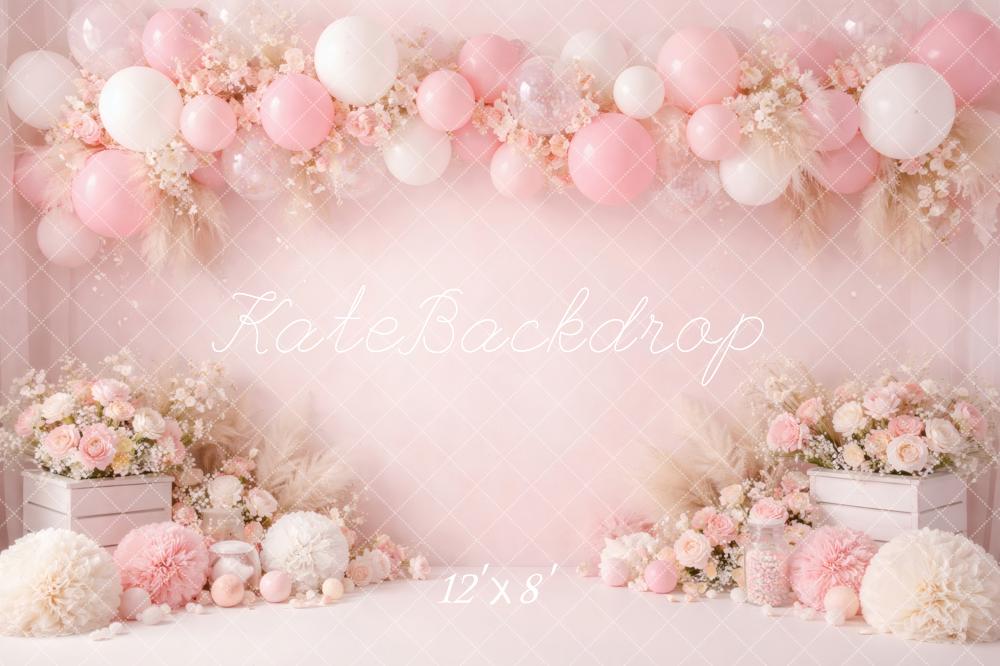 Kate Cake Smash Pink Balloon Flower Arch Pampas Grass Printed Backdrop Designed by Vertigo Productions