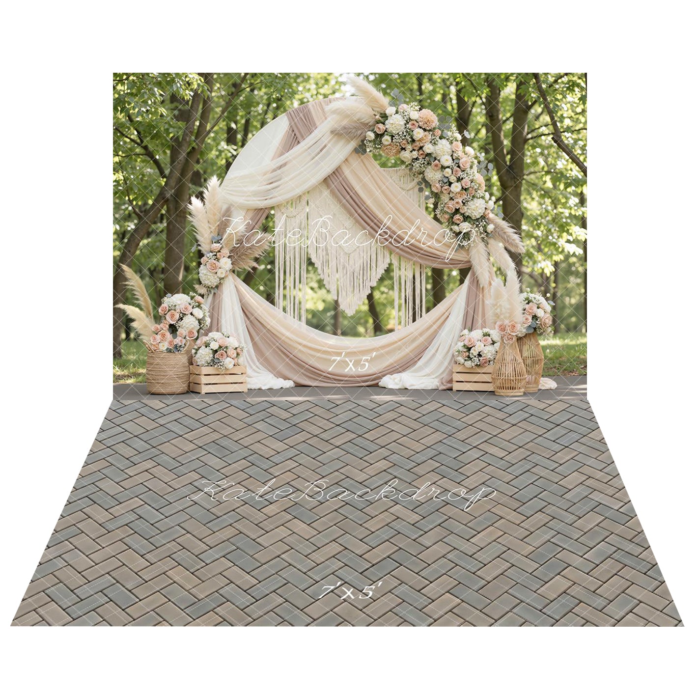 Kate Boho Flower Arch Macrame Pampas Grass Backdrop+Herringbone Pattern Beige Gray Floor Backdrop