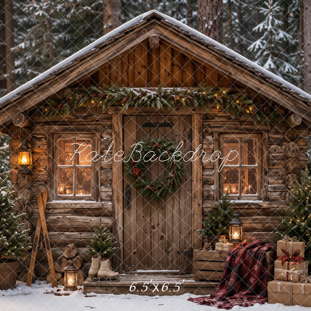 Kate Christmas Rustic Wood Cabin Snowy Plaid Blanket Forest Printed Backdrop Designed by Emetselch