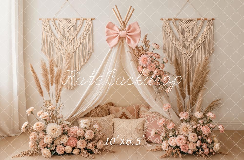 Kate Mother's Day Boho Canopy Flower Arch Macrame Bow Pink Backdrop Designed by Emetselch