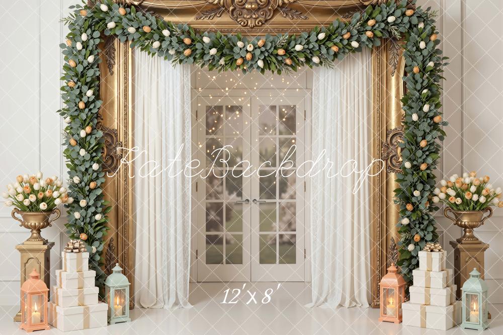 Kate Spring Flower Arch Gold Frame French Doors Gift Boxes Lanterns Backdrop Designed by Mini MakeBelieve