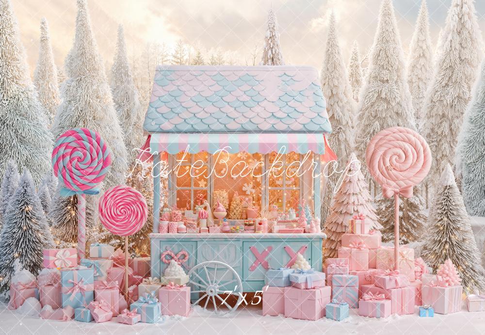 Kate Christmas Candy Stand Lollipops Gift Snowy Pastel Backdrop Designed by Emetselch