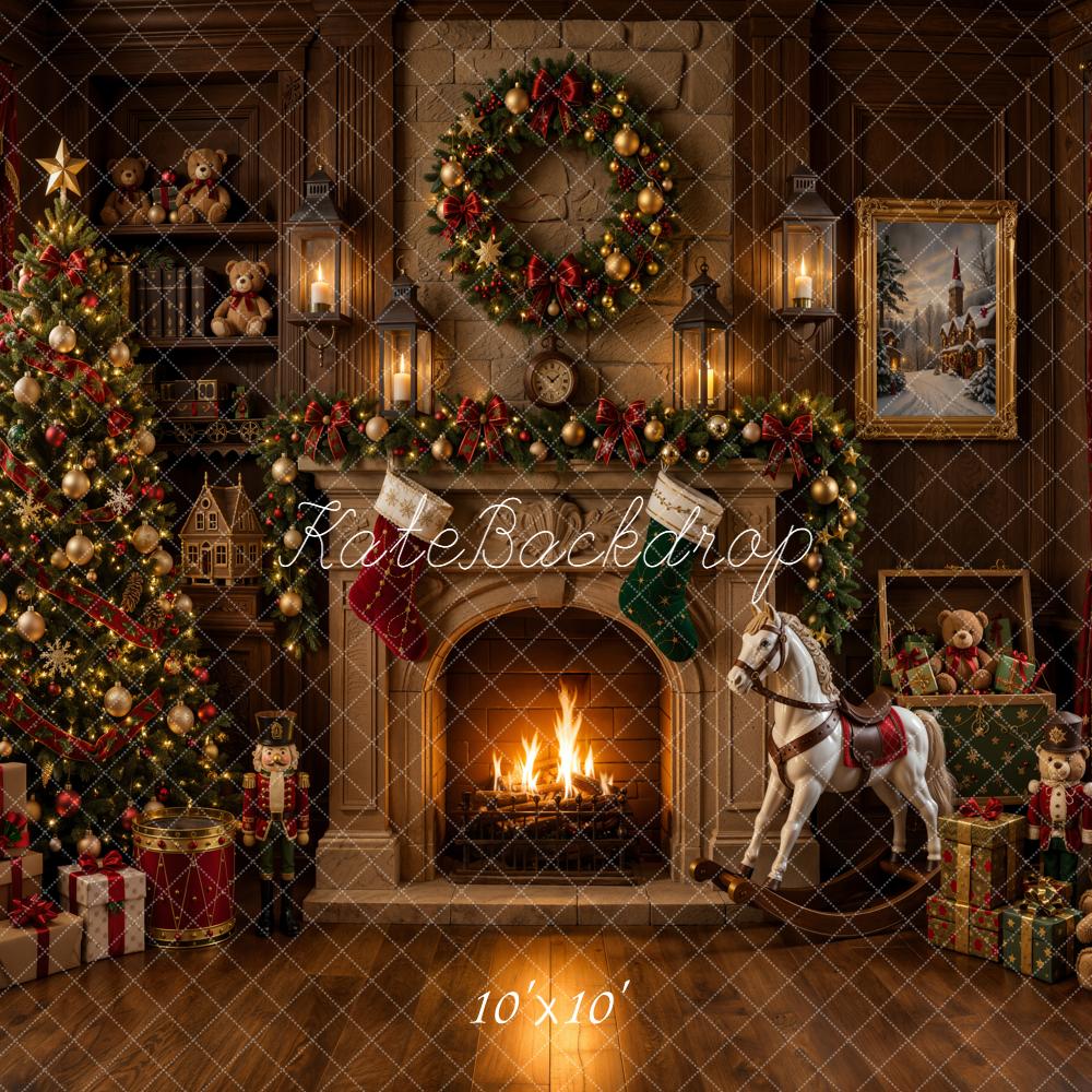 Kate Christmas Fireplace Tree Presents Rocking Horse Teddy Bear Printed Backdrop Designed by Emetselch