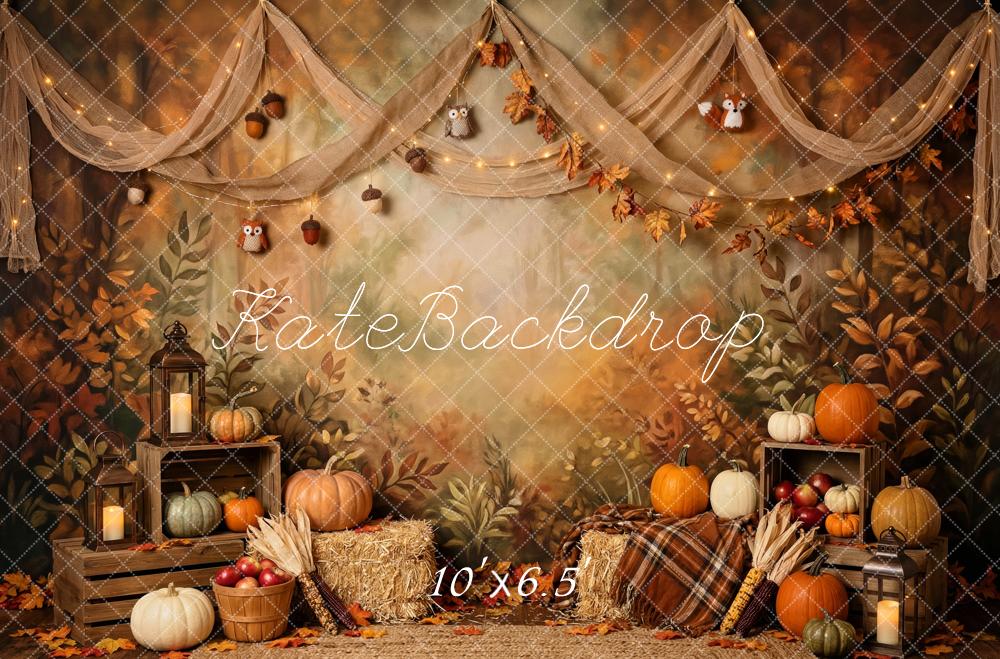 Kate Fall Woodland Harvest Pumpkins Hay Bales Owls Printed Backdrop Designed by Patty Roberts