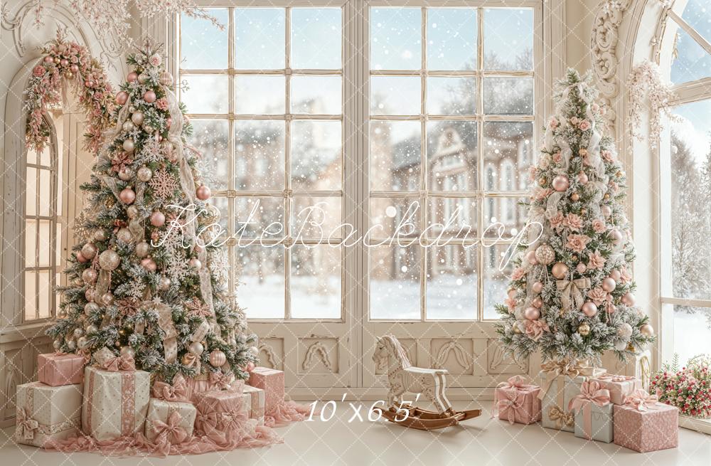 Kate Christmas Pink Trees Gifts Window Snowy Rocking Horse Backdrop Designed by Emetselch
