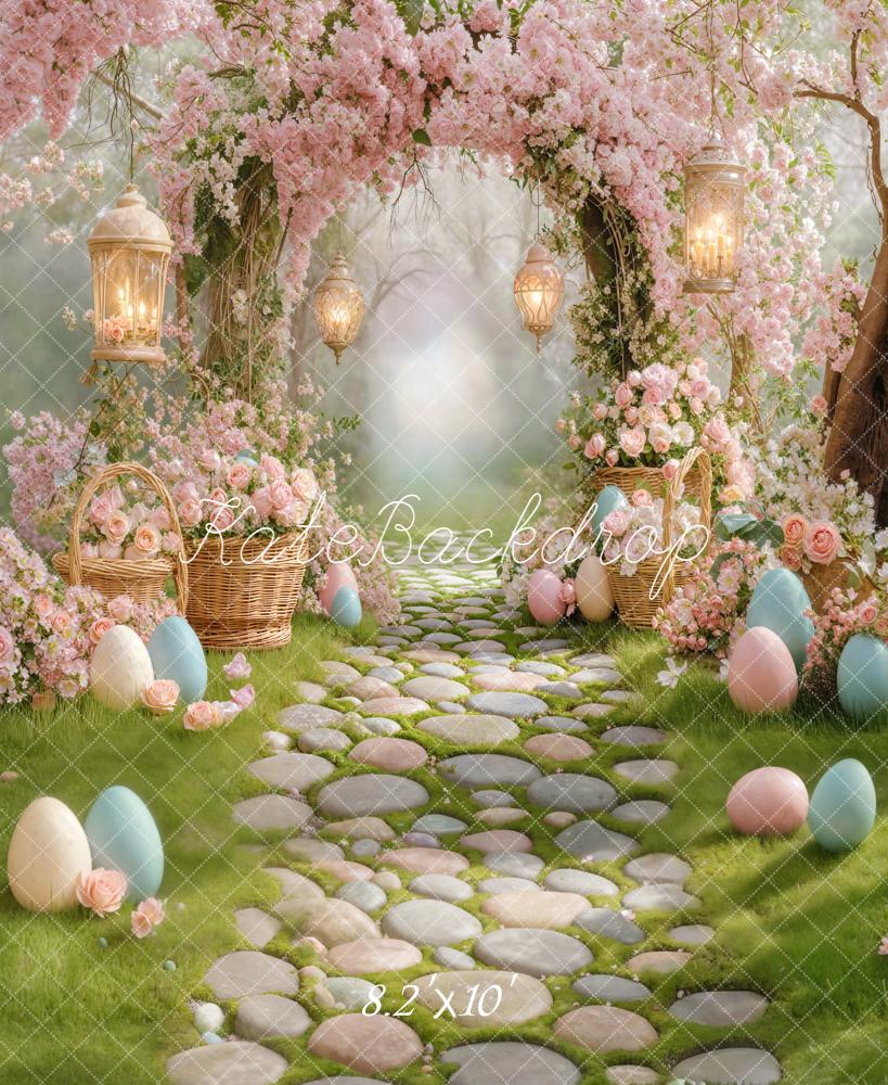 Kate Easter Flower Arch Pink Blossoms Pastel Easter Eggs Cobblestone Path Backdrop Designed by Emetselch