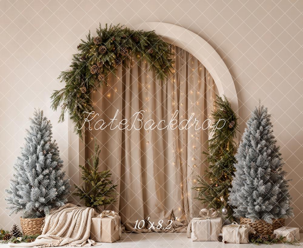 Kate Christmas Pine Arch Beige Drapes Garland Trees Gifts Printed Backdrop Designed by Emetselch