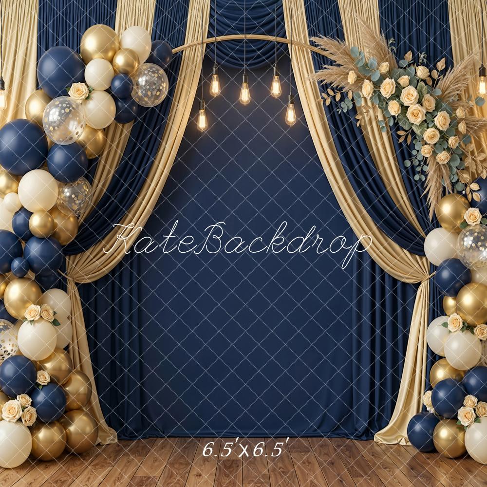 Kate Navy Gold Balloon Garland Floral Arch Curtains Printed Backdrop Designed by Emetselch