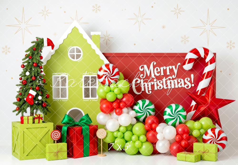 Kate Christmas Whimstical Candy House Green Red Balloons Tree Presents Printed Backdrop Designed by Patty Roberts