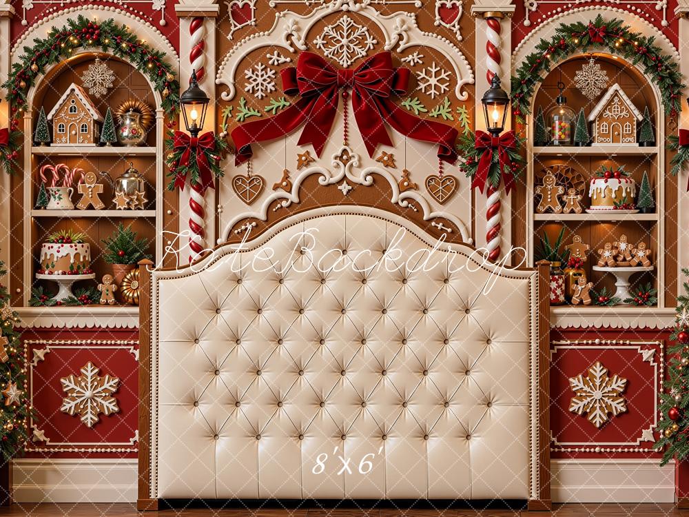 Kate Christmas Gingerbread Headboard Trees Shelves Bow Printed Backdrop Designed by Shutter Swan Studios