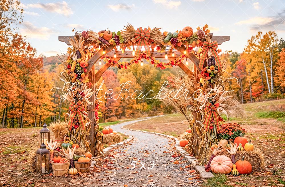 Kate Fall Harvest Pumpkin Archway Path Printed Outdoor Backdrop Designed by Angela Miller