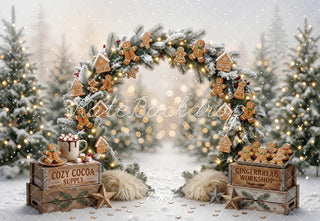 Kate Christmas Gingerbread Cookie Arch Snowy Trees Printed Backdrop Designed by Emetselch