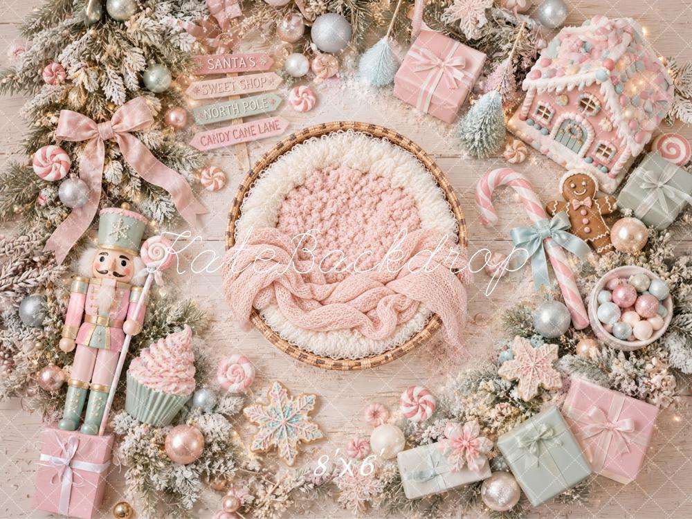 Kate Christmas Newborn Pink Pastel Candy Gingerbread Nutcracker Printed Backdrop Designed by Laura Bybee