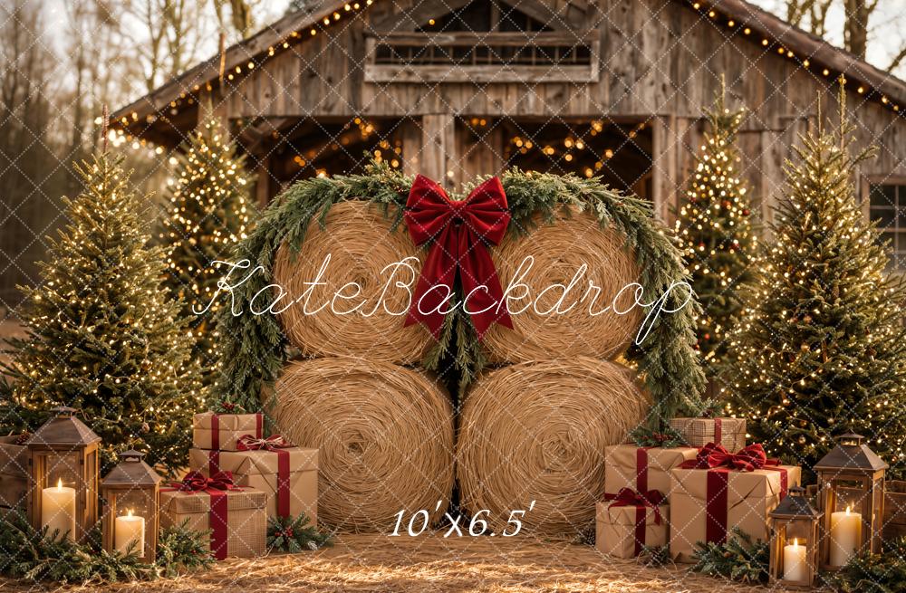 Kate Christmas Hay Bales Rustic Barn Pine Trees Gifts Printed Backdrop Designed by Emetselch