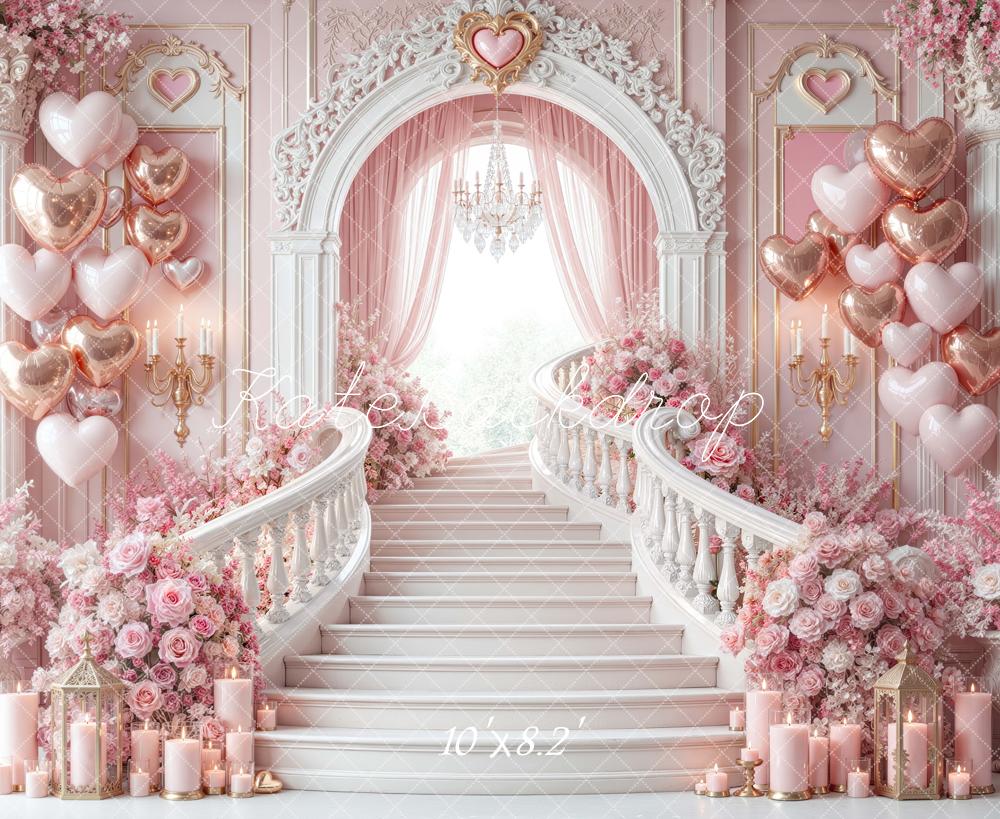 Kate Valentine's Day Staircase Pink Heart Balloon Floral Printed Backdrop Designed by Mini MakeBelieve