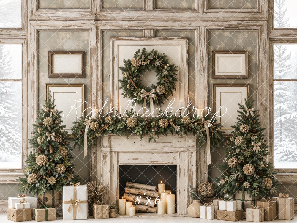 Kate Christmas Fireplace Rustic Wreath Garland Trees Neutral Printed Backdrop Designed by Emetselch