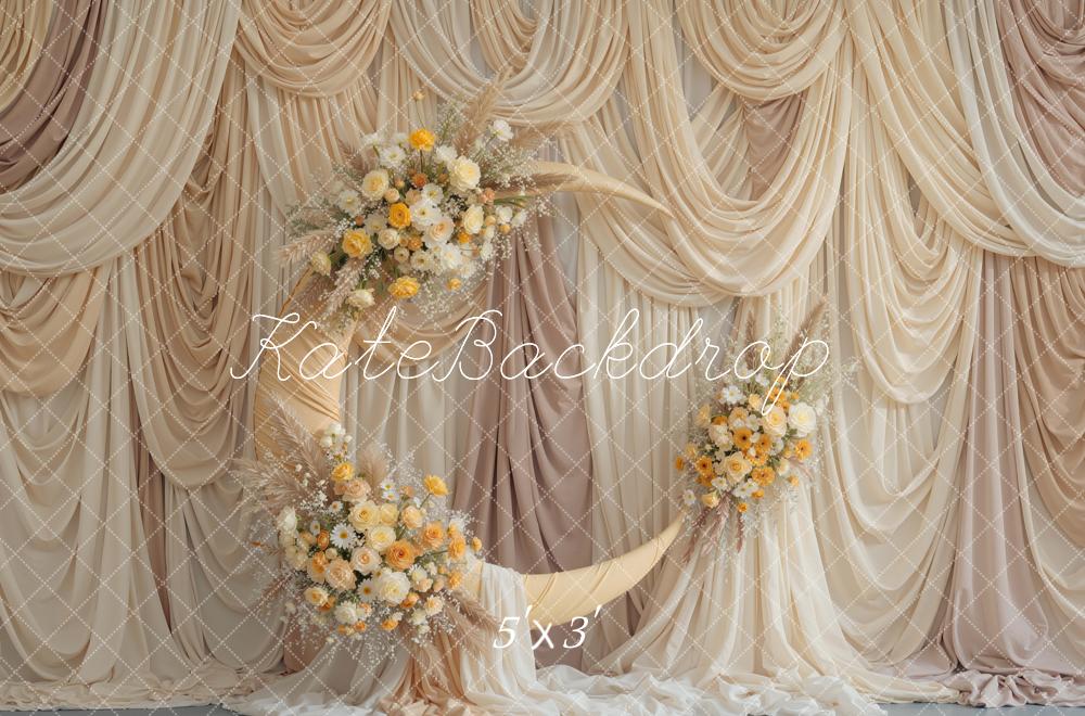Kate Beige Drapes Crescent Moon Flower Printed Backdrop Designed by Mini MakeBelieve