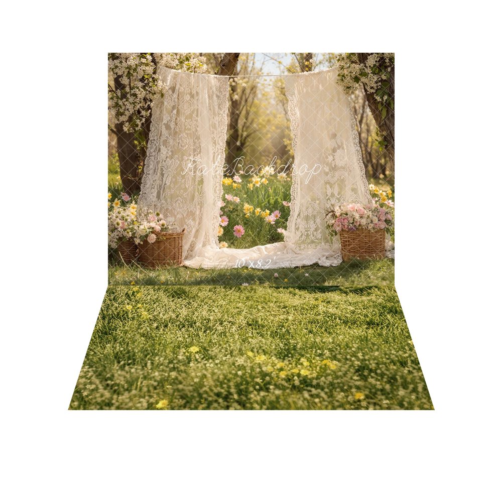 Kate Mother's Day Lace Curtains Flower Baskets Garden Printed Backdrop+Green Grass Meadow Printed Backdrop