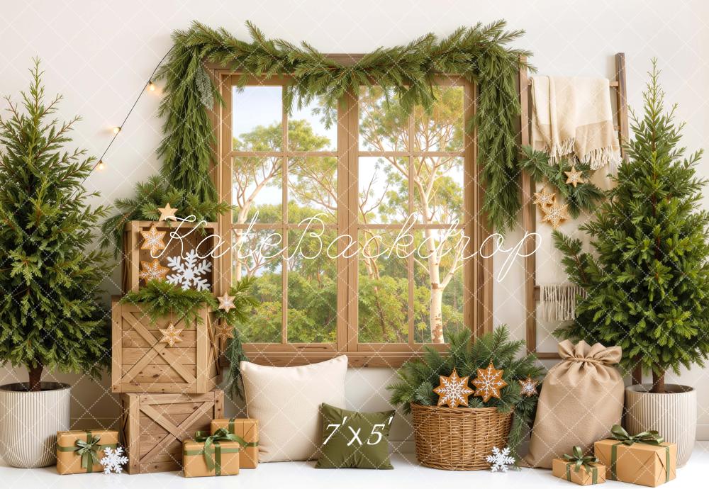 Kate Christmas Australian Rustic Window Evergreen Garland Gifts Printed Backdrop Designed by Mini MakeBelieve