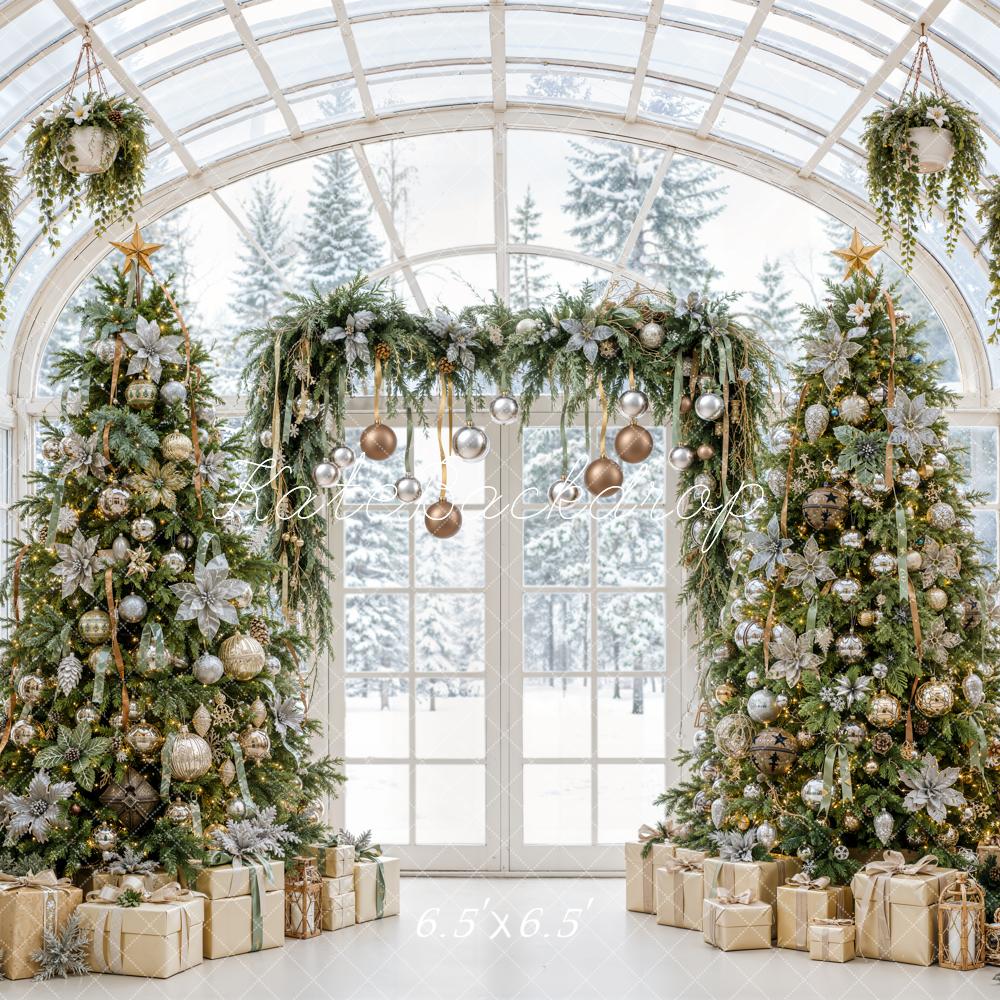 Kate Christmas Greenhouse Trees Garland Gifts Gold Ornaments Printed Backdrop Designed by Emetselch
