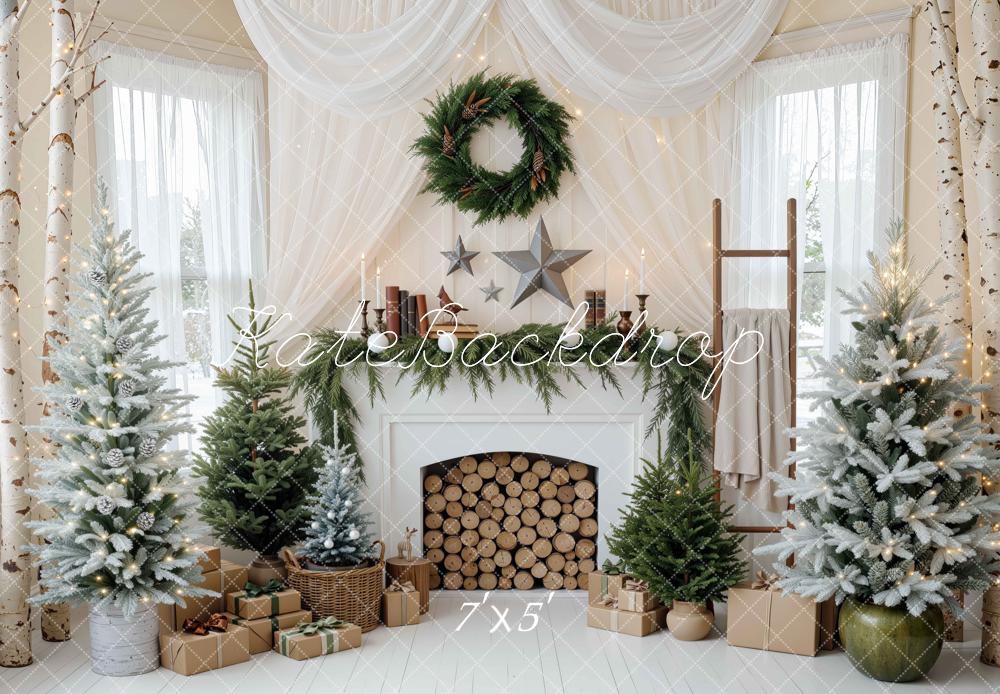 Kate Christmas Fireplace White Pine Trees Drapes Wreath Gifts Printed Backdrop Designed by Mini MakeBelieve