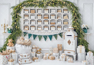 Kate Christmas White Interior Mailbox Evergreen Garland Gift Printed Backdrop Designed by Mini MakeBelieve
