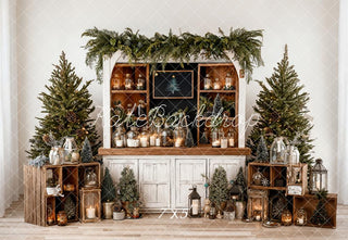 Kate Christmas Pine Trees Wooden White Cabinet Bottles Printed Backdrop Designed by Emetselch