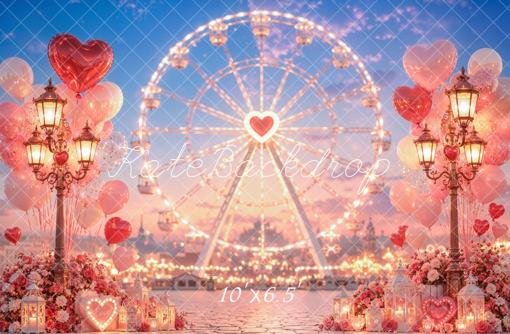 Kate Valentine's Day Ferris Wheel Hearts Balloons Street Printed Backdrop Designed by Emetselch