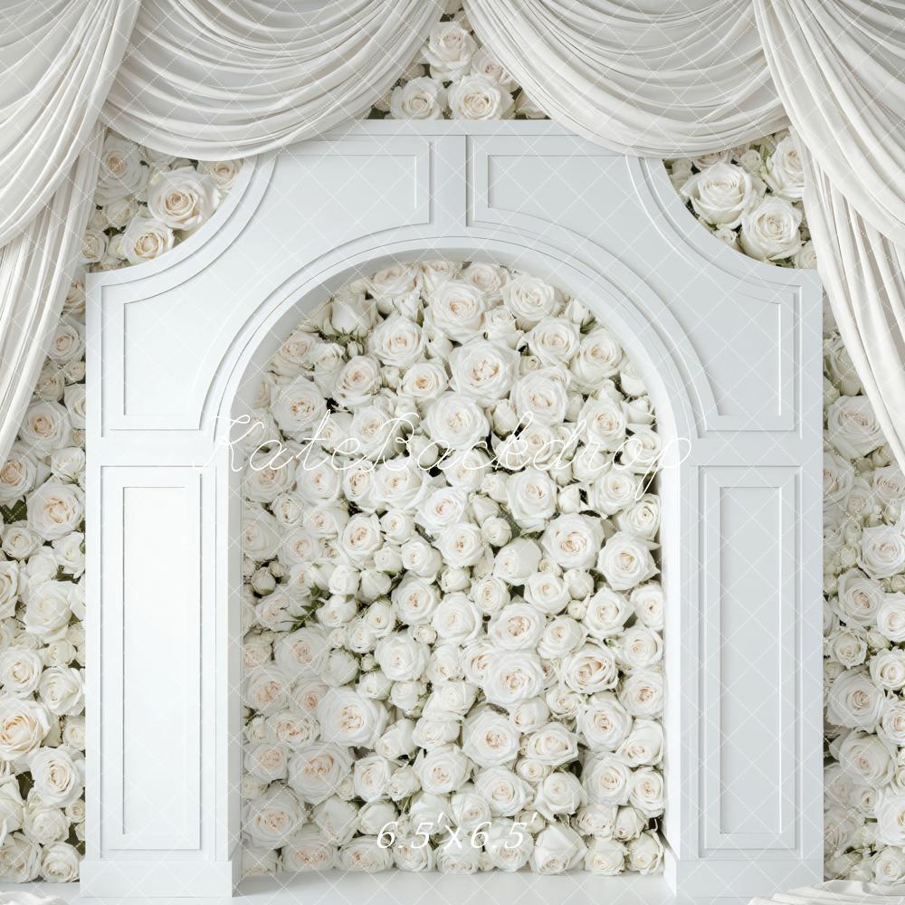 Kate White Flower Arch Draped Curtains Printed Backdrop Designed by Mini MakeBelieve