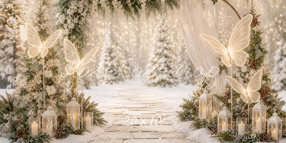 Kate Christmas Winter Floral Arch Dreamy Butterflies Lanterns Printed Backdrop Designed by Emetselch