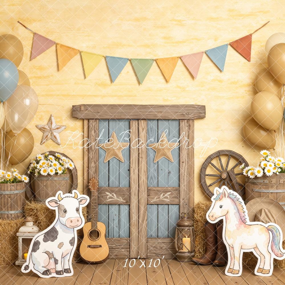 Kate Cake Smash Farmhouse Barn Door Cow Horse Balloons Printed Backdrop Designed by Chain Photography