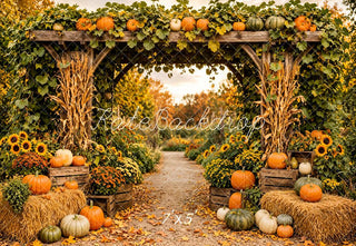 Kate Fall Floral Archway Pumpkin Sunflowers Hay Bales Printed Backdrop Designed by Emetselch