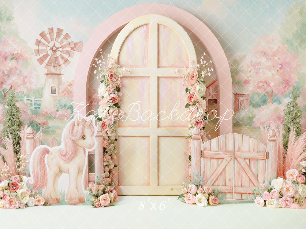 TEST Kate Cake Smash Pastel Pony Flower Arch Windmill Farm Printed Backdrop Designed by Angela Miller