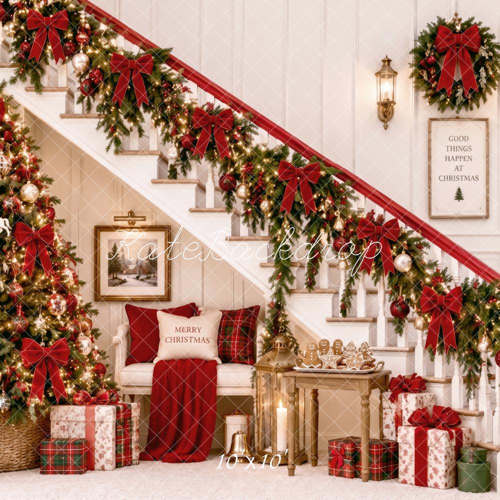 Kate Christmas Staircase Tree Garland Wreath Gifts Printed Backdrop Designed by Patty Roberts