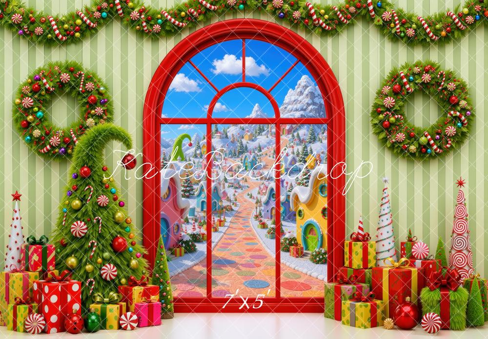 Kate Christmas Tree Whoville Village Window Garland Wreath Gifts Presents Printed Backdrop Designed by Mini MakeBelieve